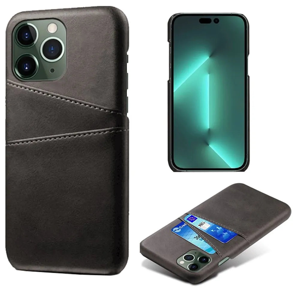 PU Leather Coated Hard PC Dual Card Slot Black Case - For iPhone 14 Pro - mosaccessories